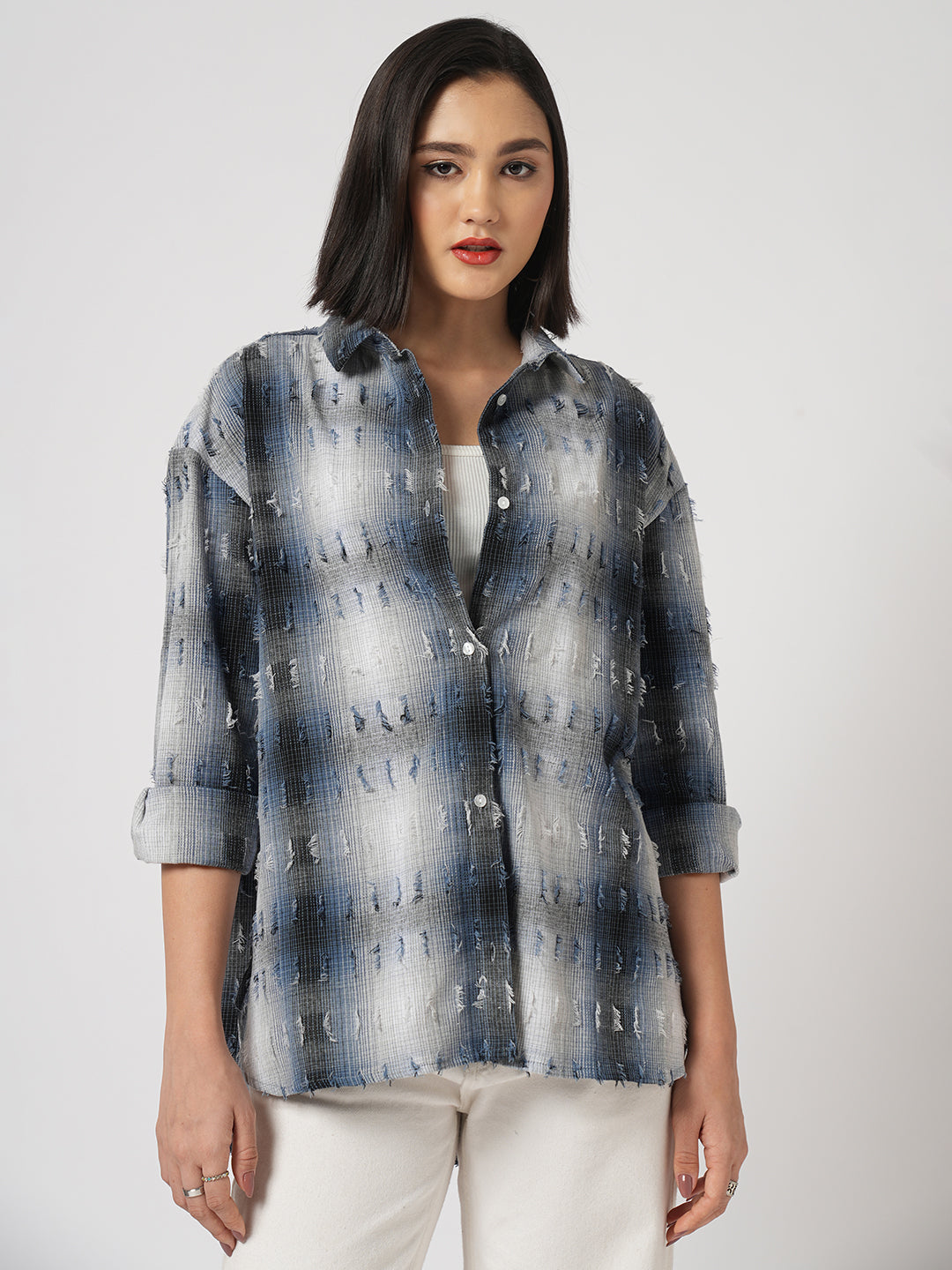 Blue & White Self Design Frayed Oversized Shirt