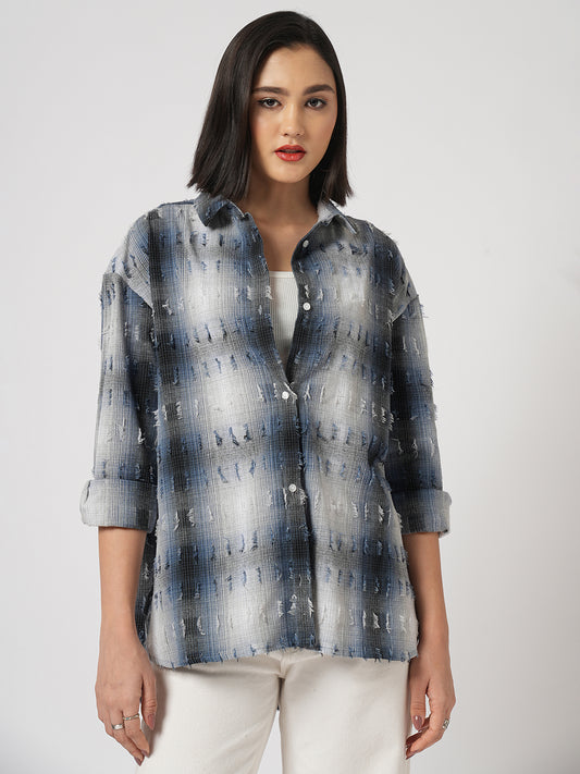 Blue & White Self Design Frayed Oversized Shirt