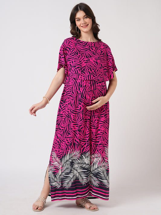Pink & Black Multicolor Abstract Printed Maternity Dress