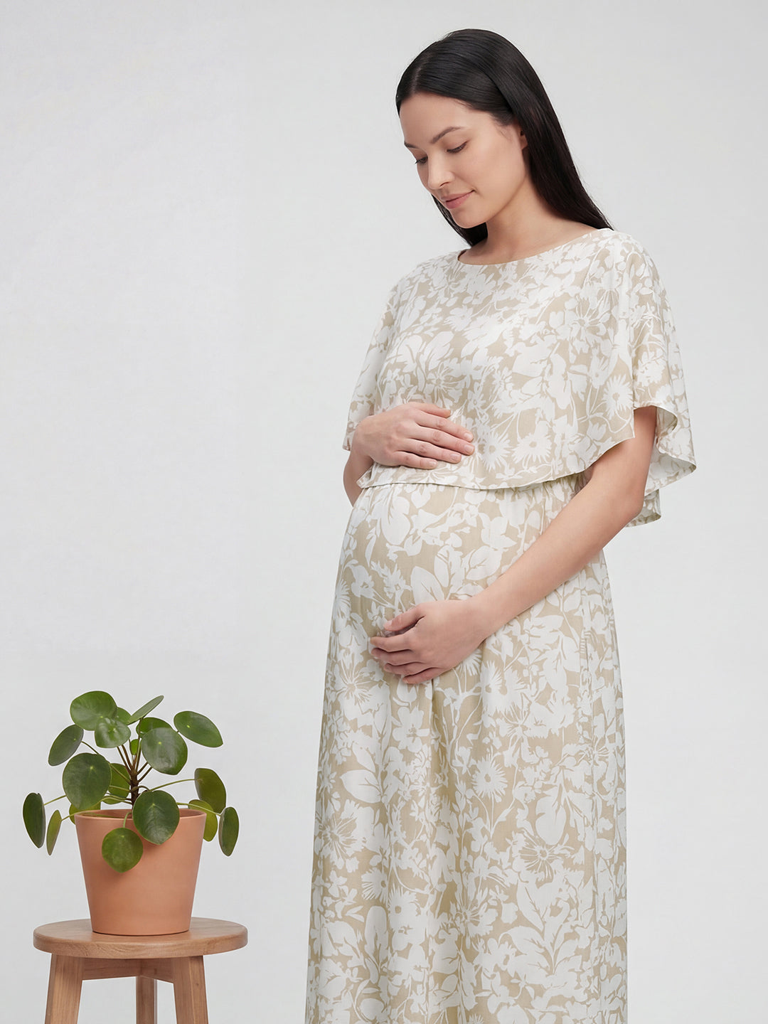 Serene Bloom Beige & White Printed Maternity Dress