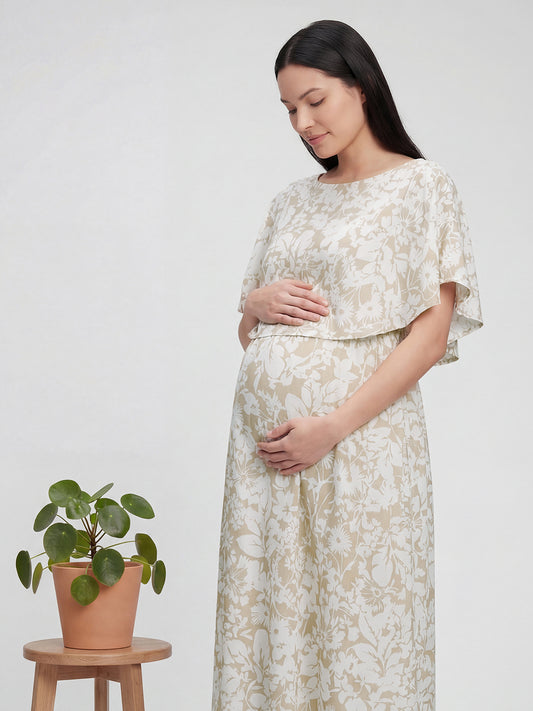 Serene Bloom Beige & White Printed Maternity Dress