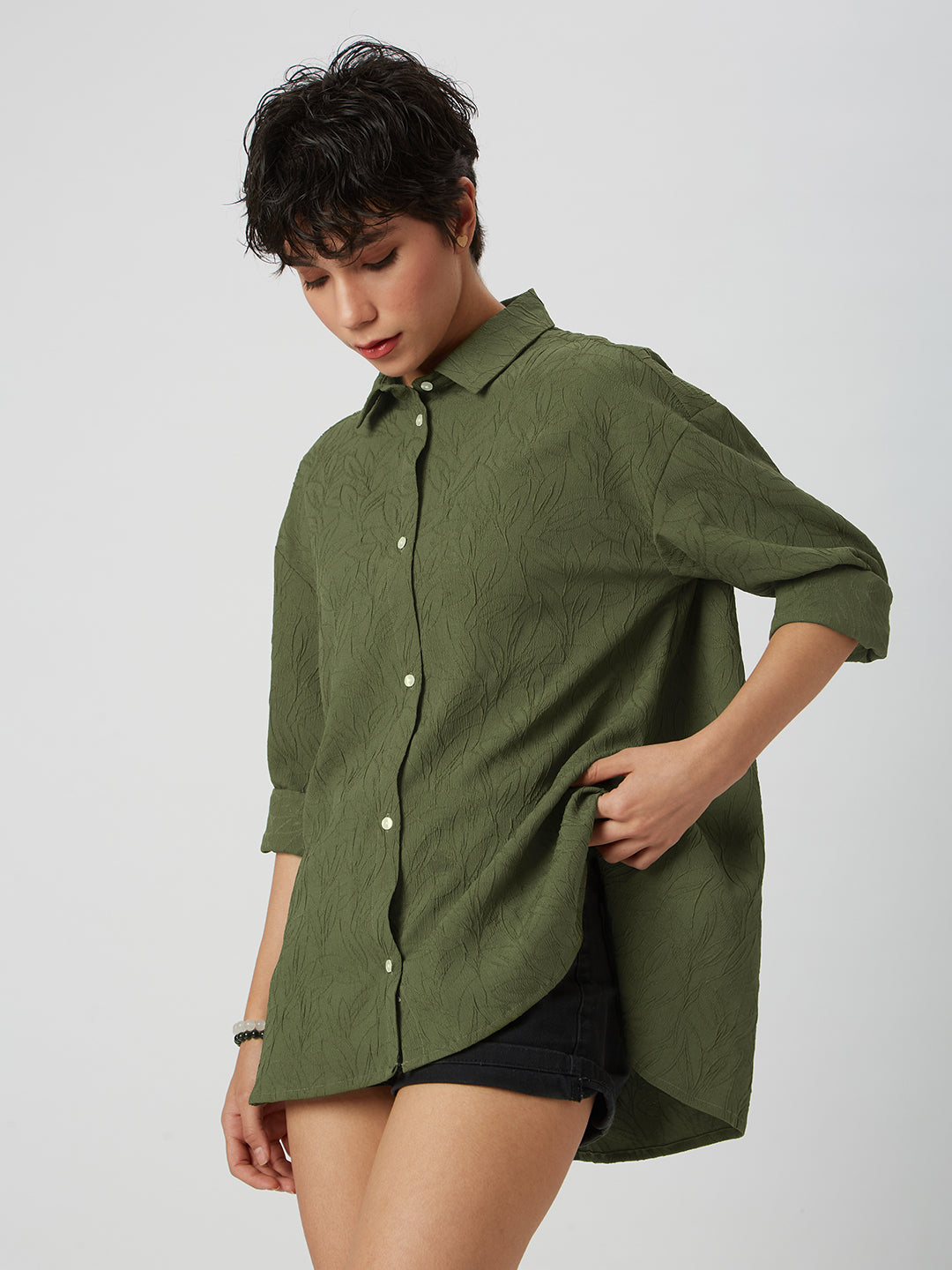 Olive Leafy Textured Oversized Shirt