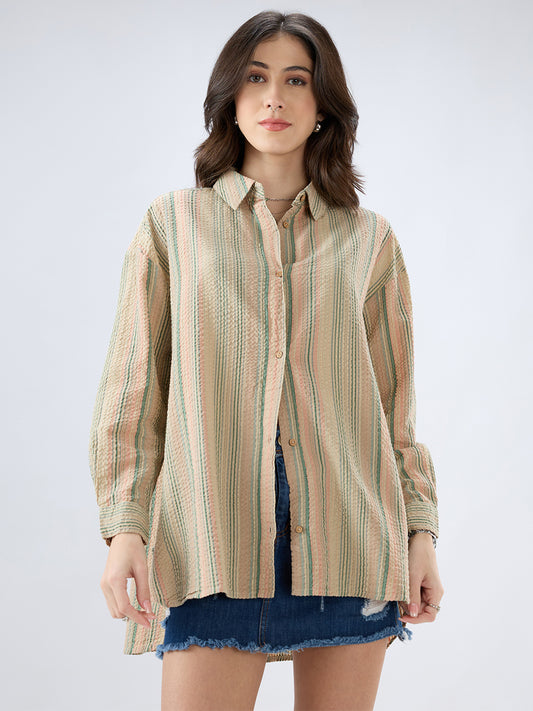 Multicolor Striped Seersucker Oversized Shirt