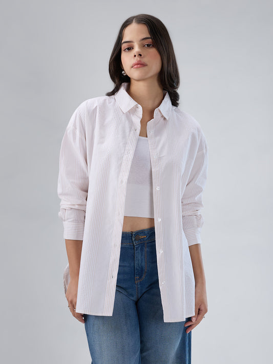 Beige & White Pin Striped Seersucker Oversized Shirt