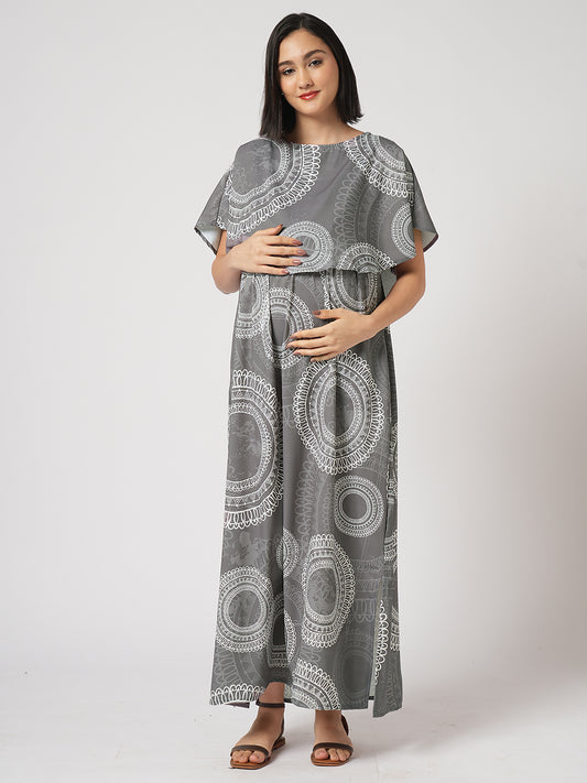 Cloud Grey Mandala Printed Maternity Dress