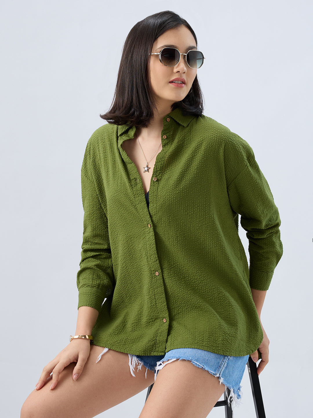 Olive Seersucker Oversized Shirt