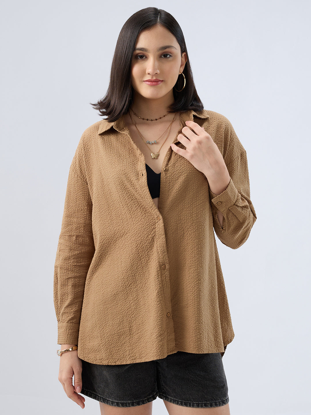 Tan Beige Seersucker Oversized Shirt