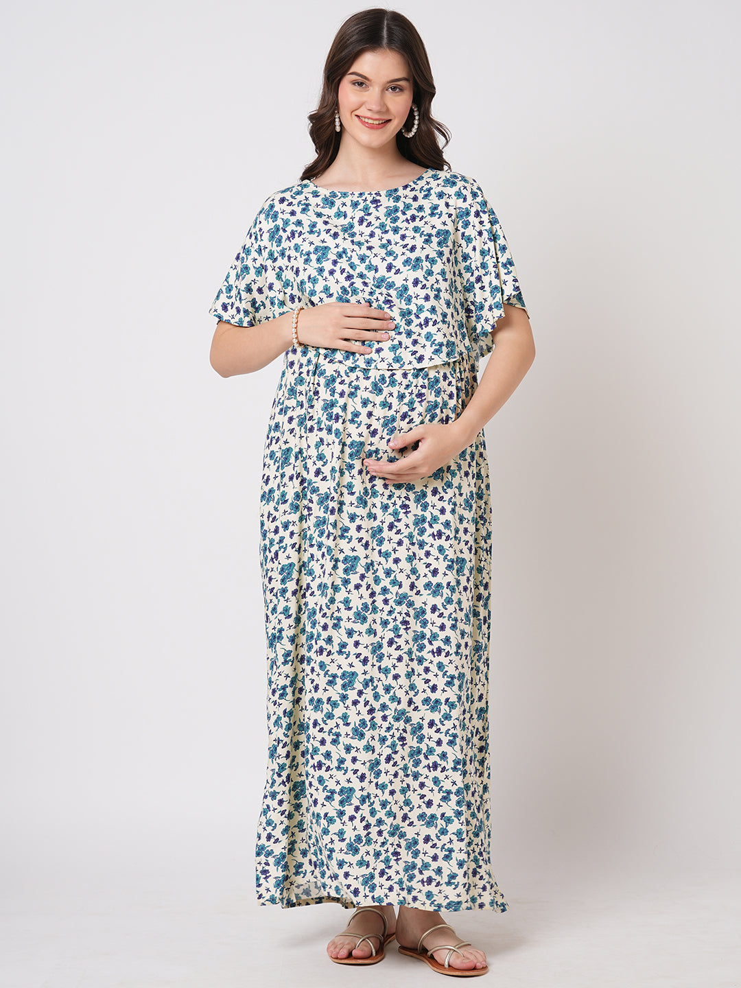 Ivory Vivid Blue Cosmos Floral Printed Maternity Dress