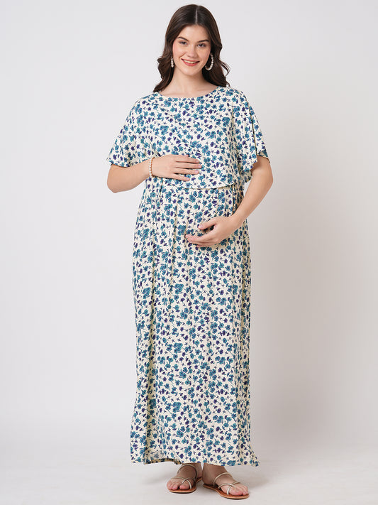 Ivory Vivid Blue Cosmos Floral Printed Maternity Dress