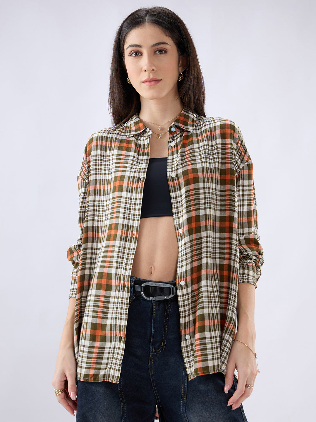 Multicolor Tartan Checked Oversized Shirt