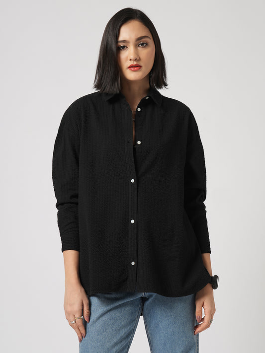 Classic Black Seersucker Oversized Shirt