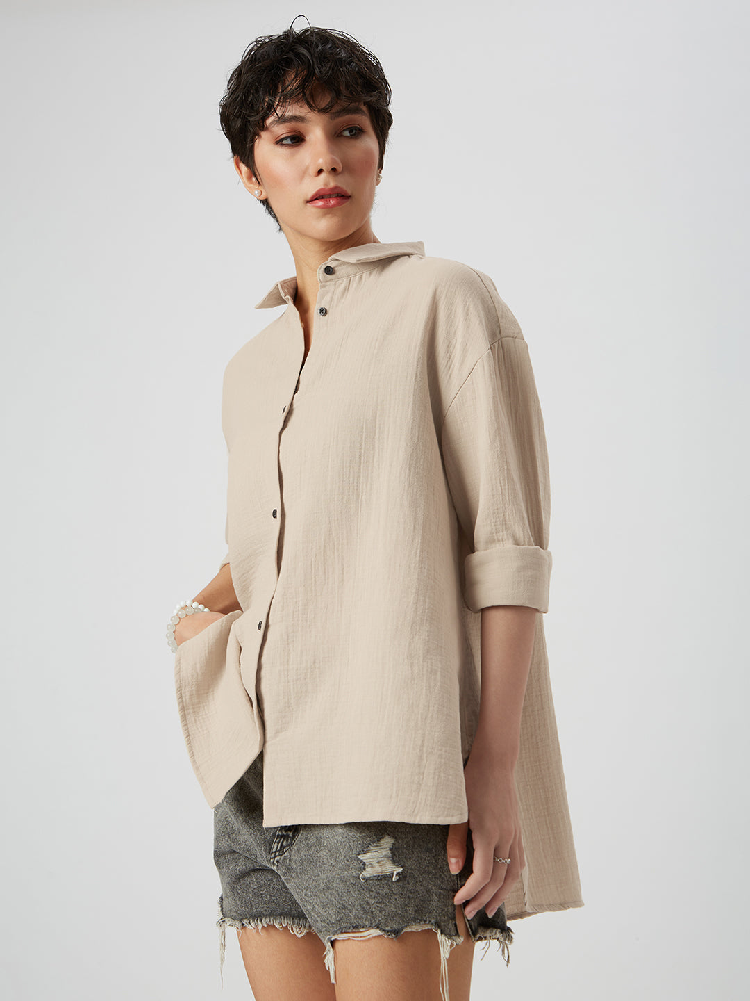 Tan Beige Double Cloth Oversized Shirt