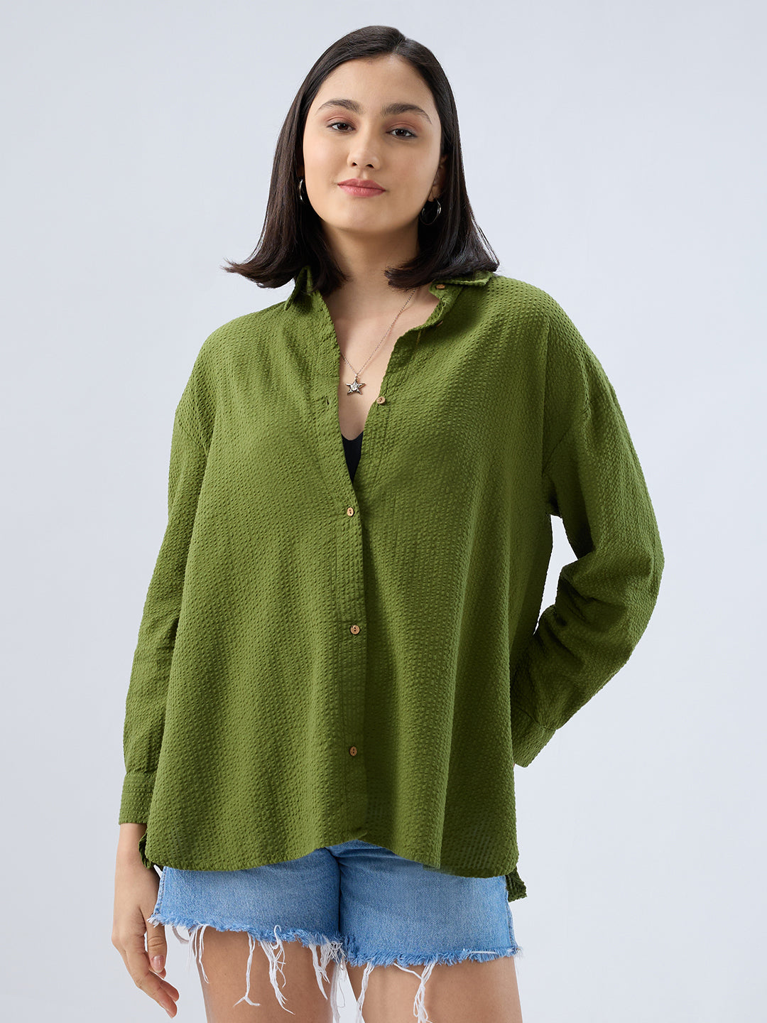 Olive Seersucker Oversized Shirt
