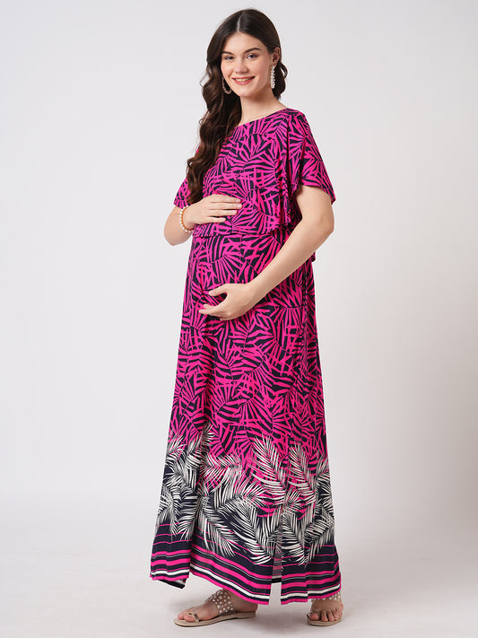 Pink & Black Multicolor Abstract Printed Maternity Dress