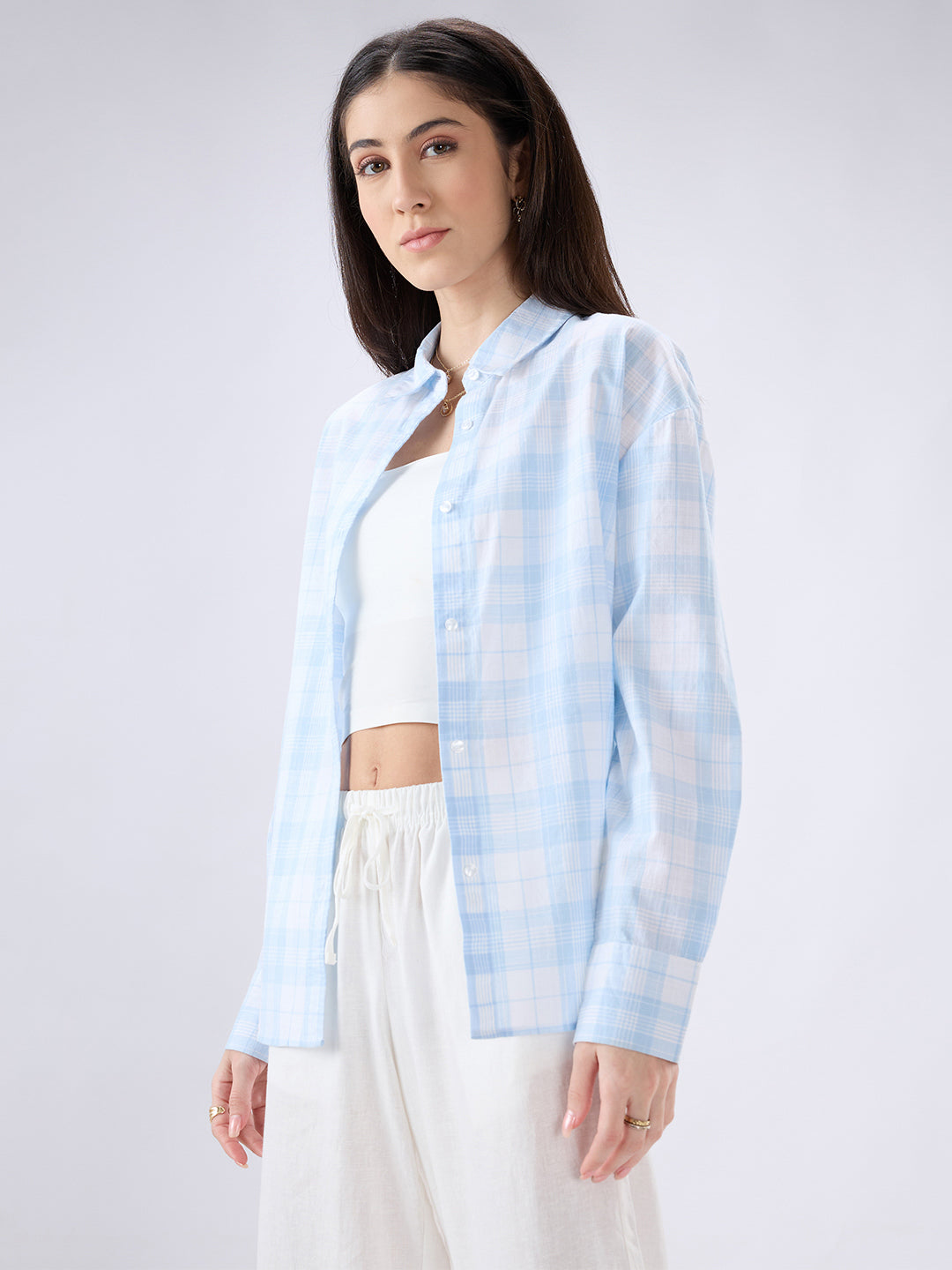 Soft Sky Blue Tartan Checked Oversized Shirt