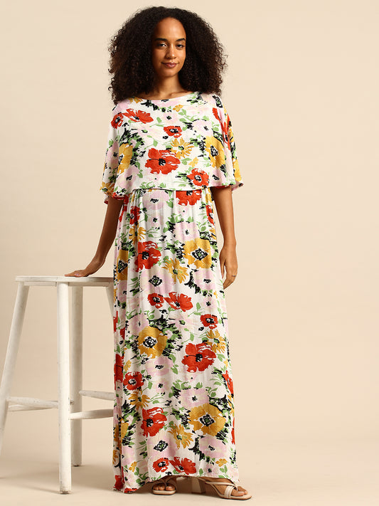 Artistic Multicolor Floral Printed Crepe Maternity Dress