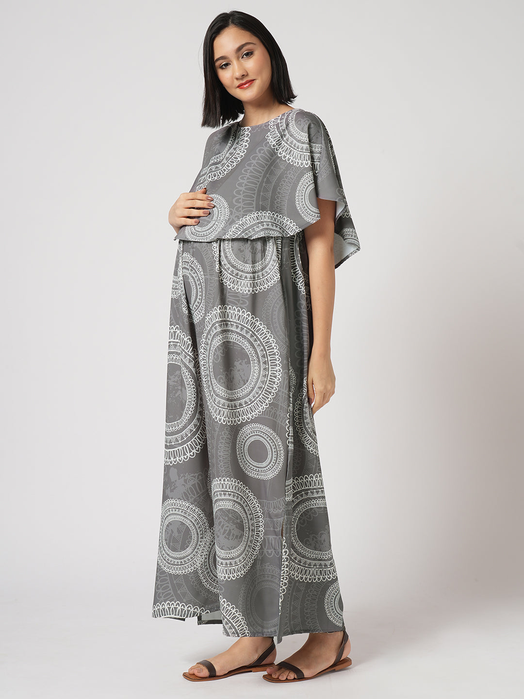 Cloud Grey Mandala Printed Maternity Dress