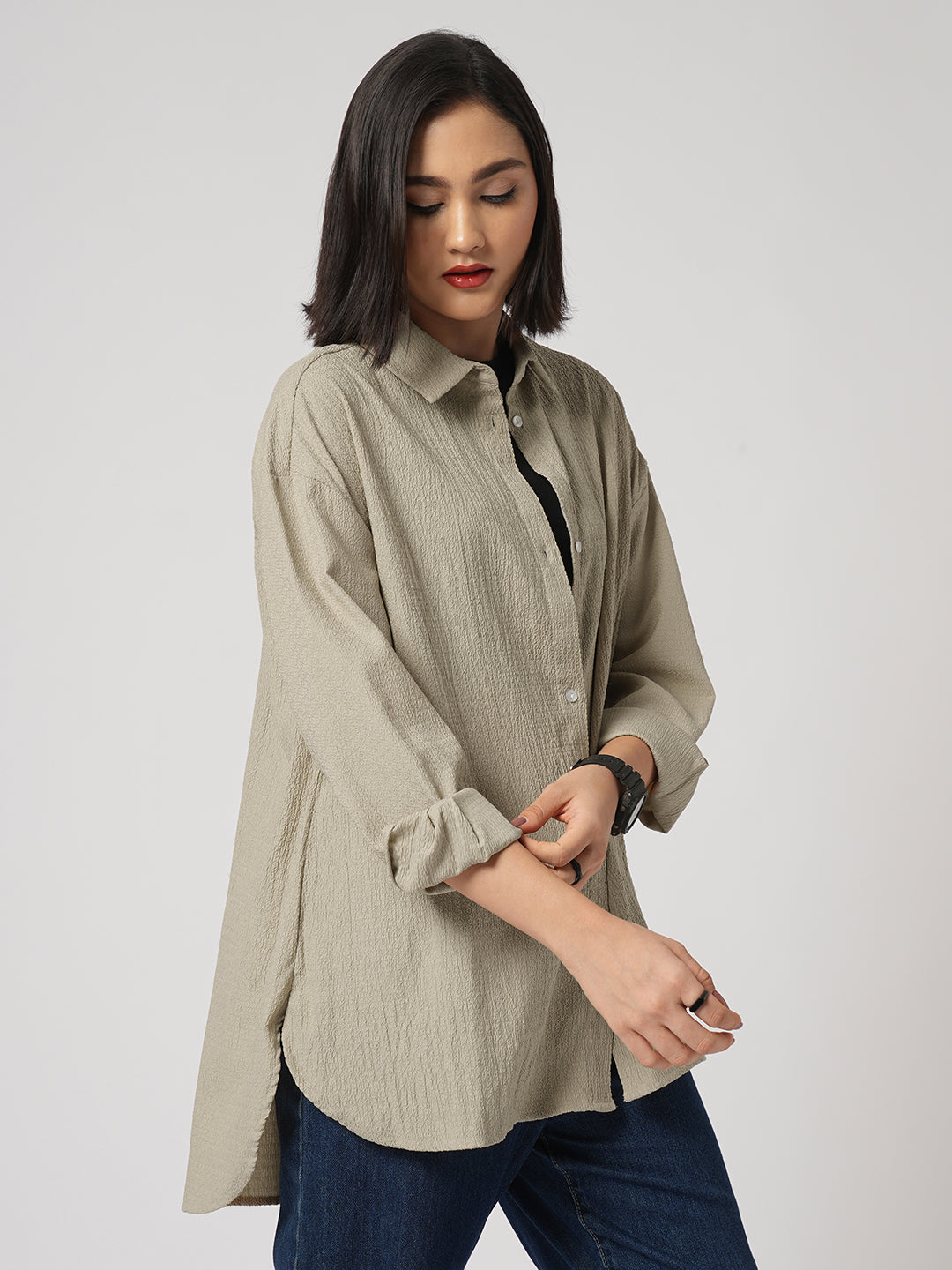 Beige Textured Oversized Shirt