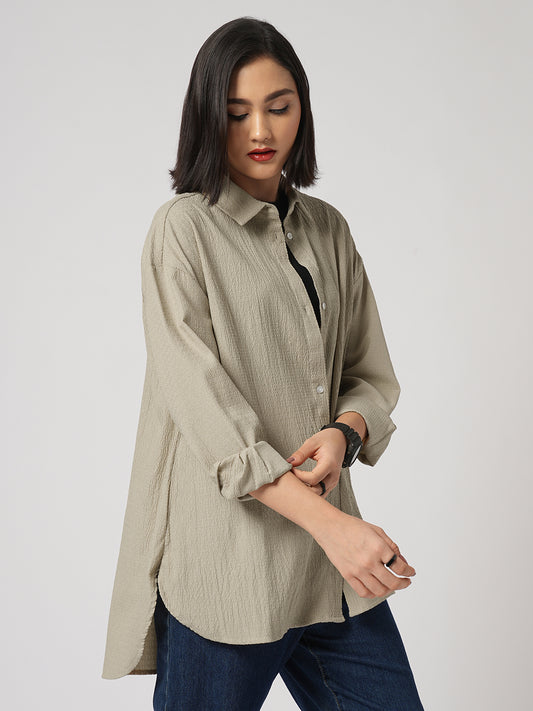 Beige Textured Oversized Shirt
