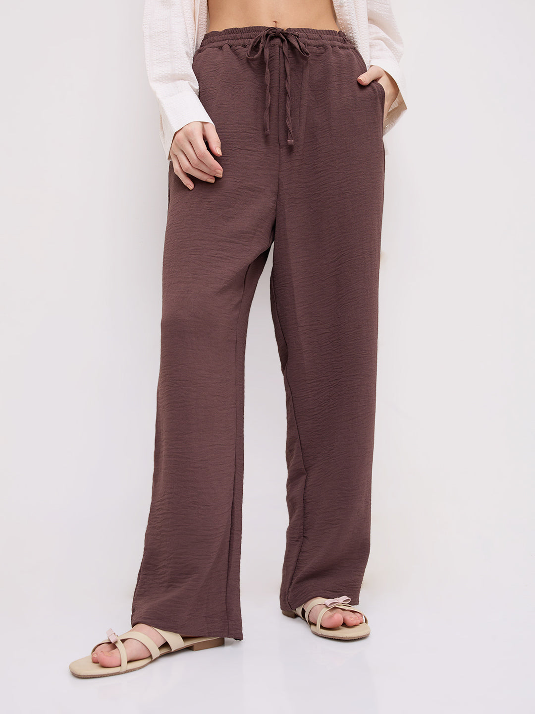 Luxe Warm Brown Crinkled Straight Fit Trousers