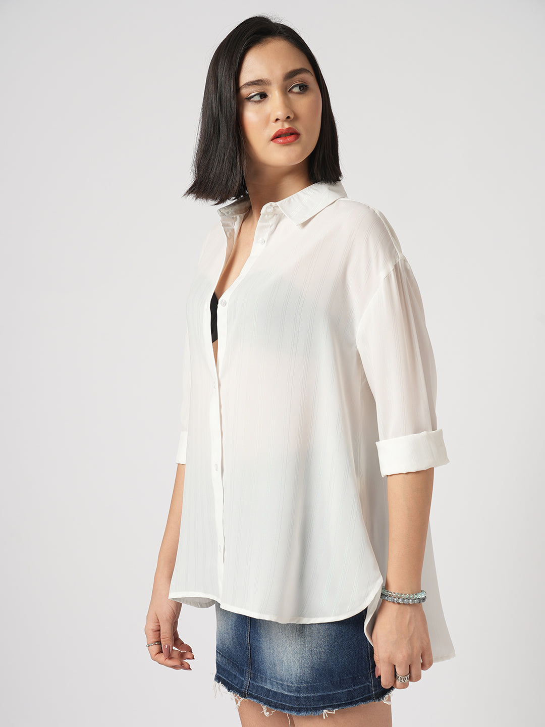 White Glimmer Striped Oversized Shirt