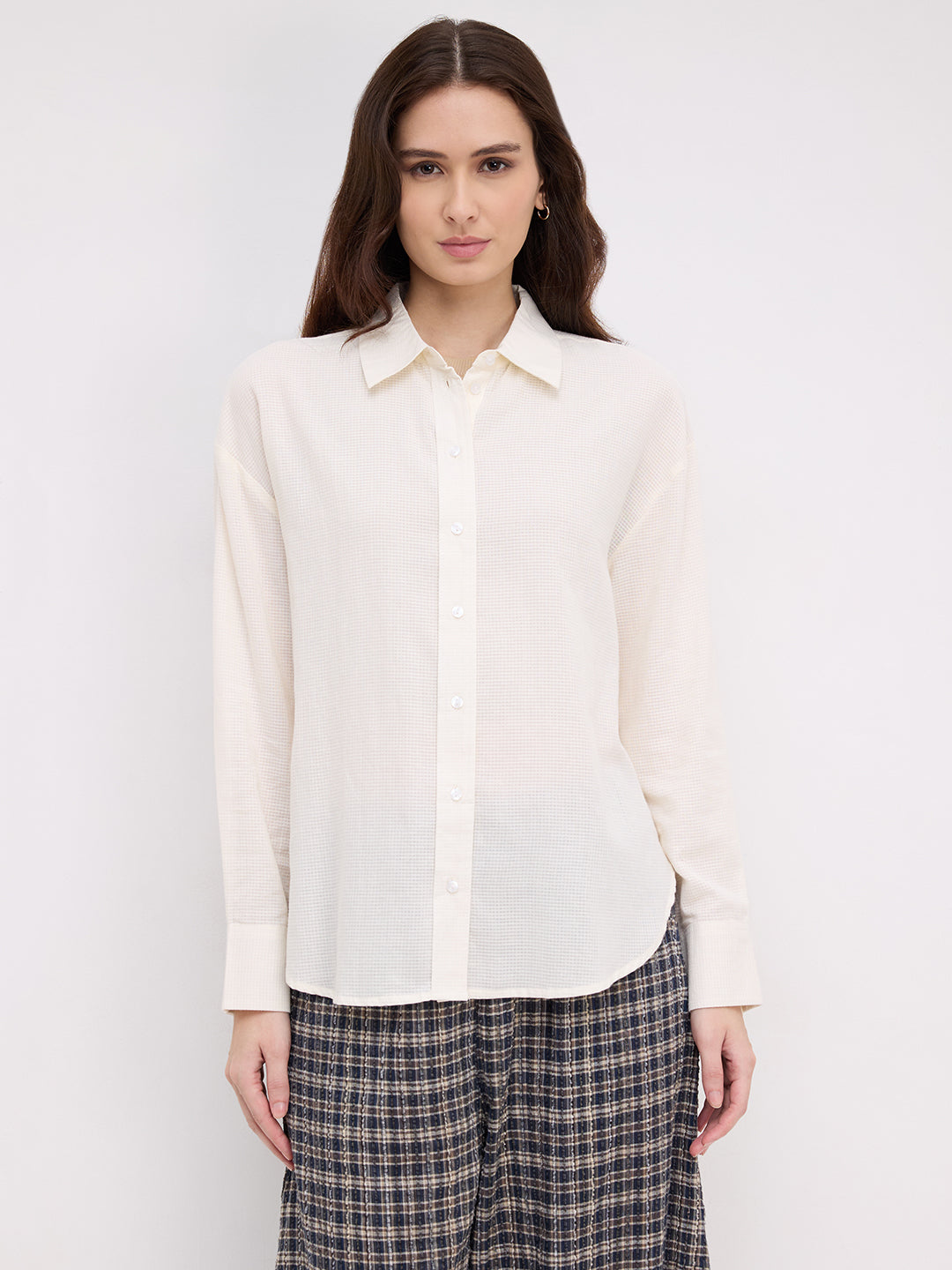 Off White Micro Checked Sheer Textured Oversized Shirt
