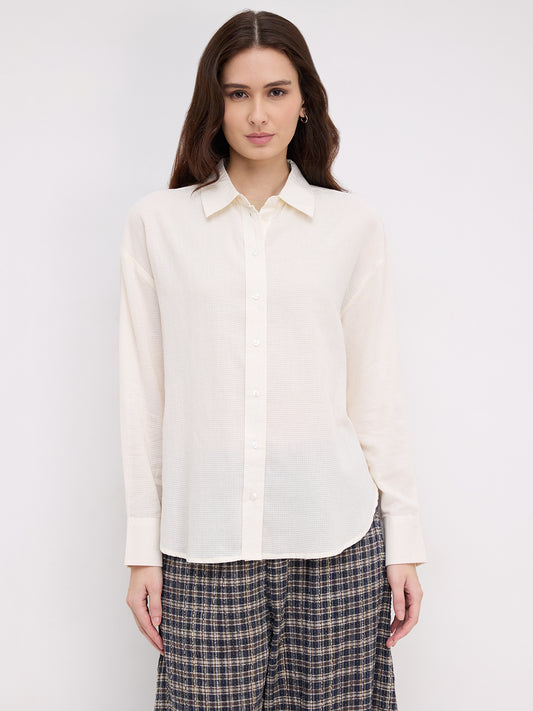 Off White Micro Checked Sheer Textured Oversized Shirt