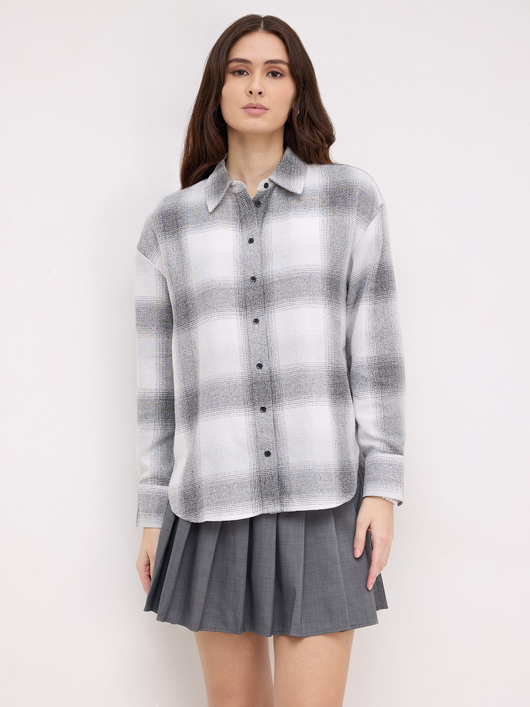 White & Black Fine Weave Broad Checked Oversized Flannel Shirt