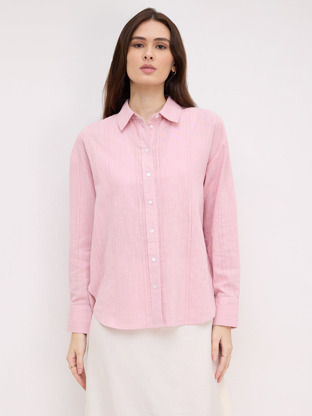 Soft Pink Air Striped Textured Overszsized Shirt