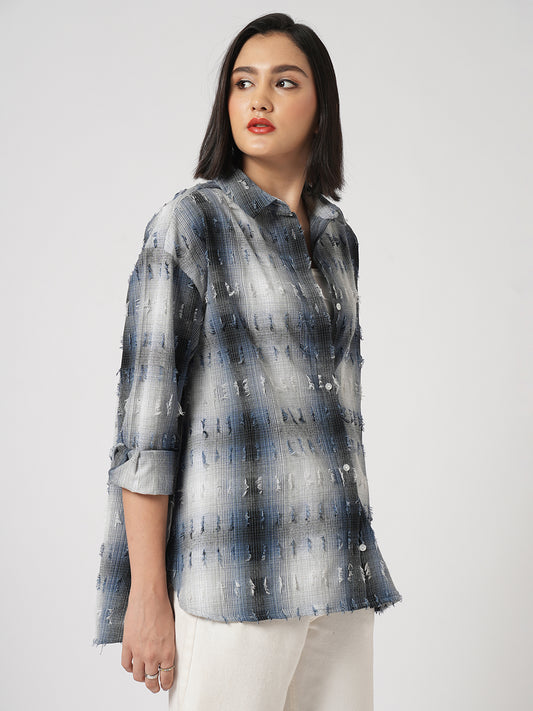 Blue & White Self Design Frayed Oversized Shirt
