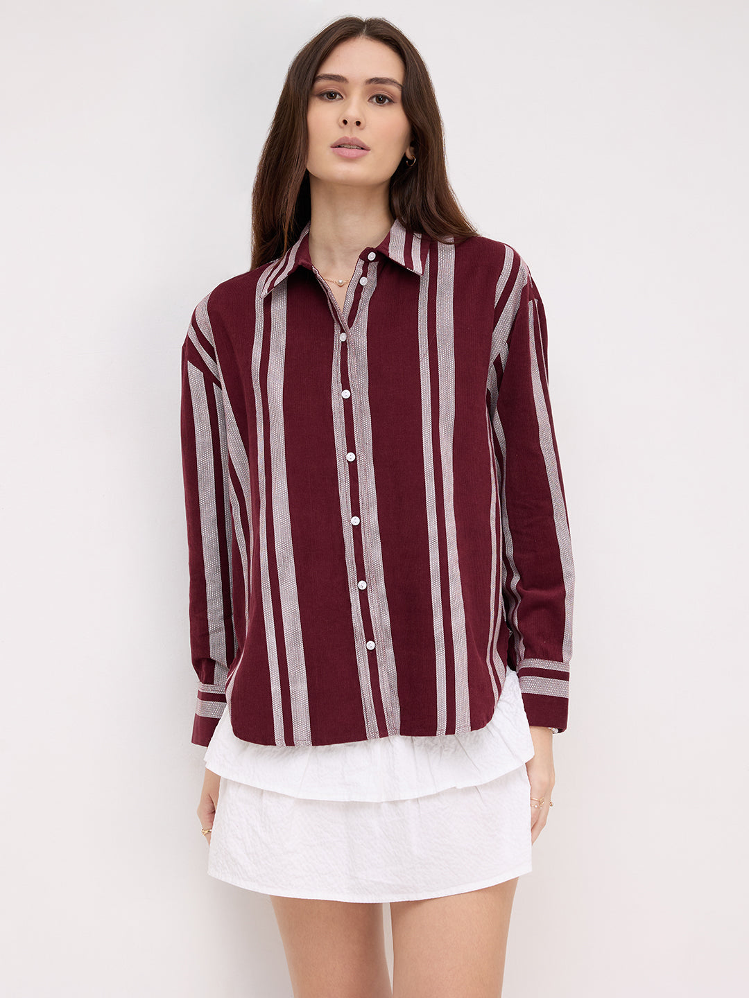 Crimpson Maroon Corduroy Striped Oversized Shirt