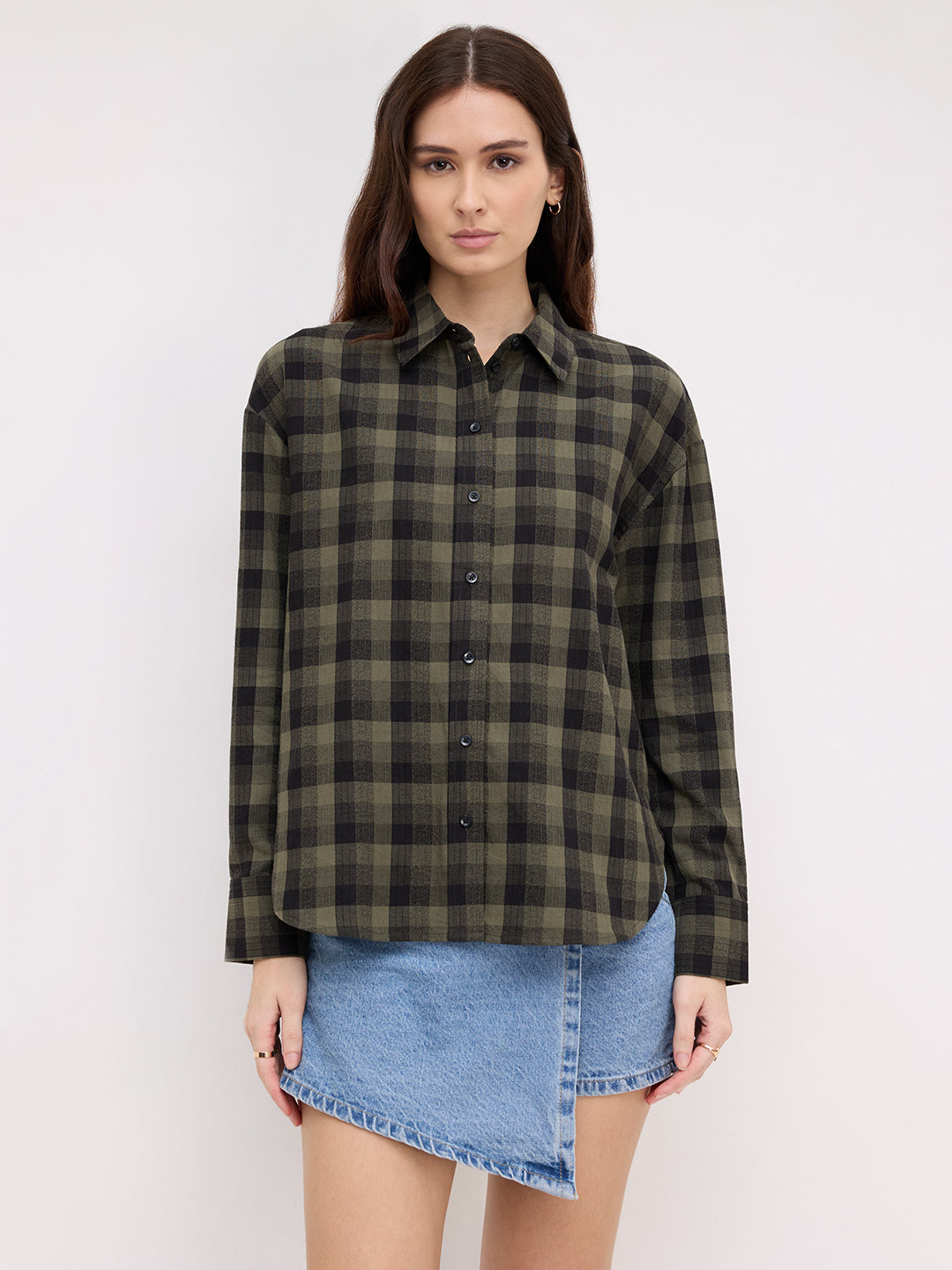Olive & Black Tartan Checked Textured Oversized Shirt