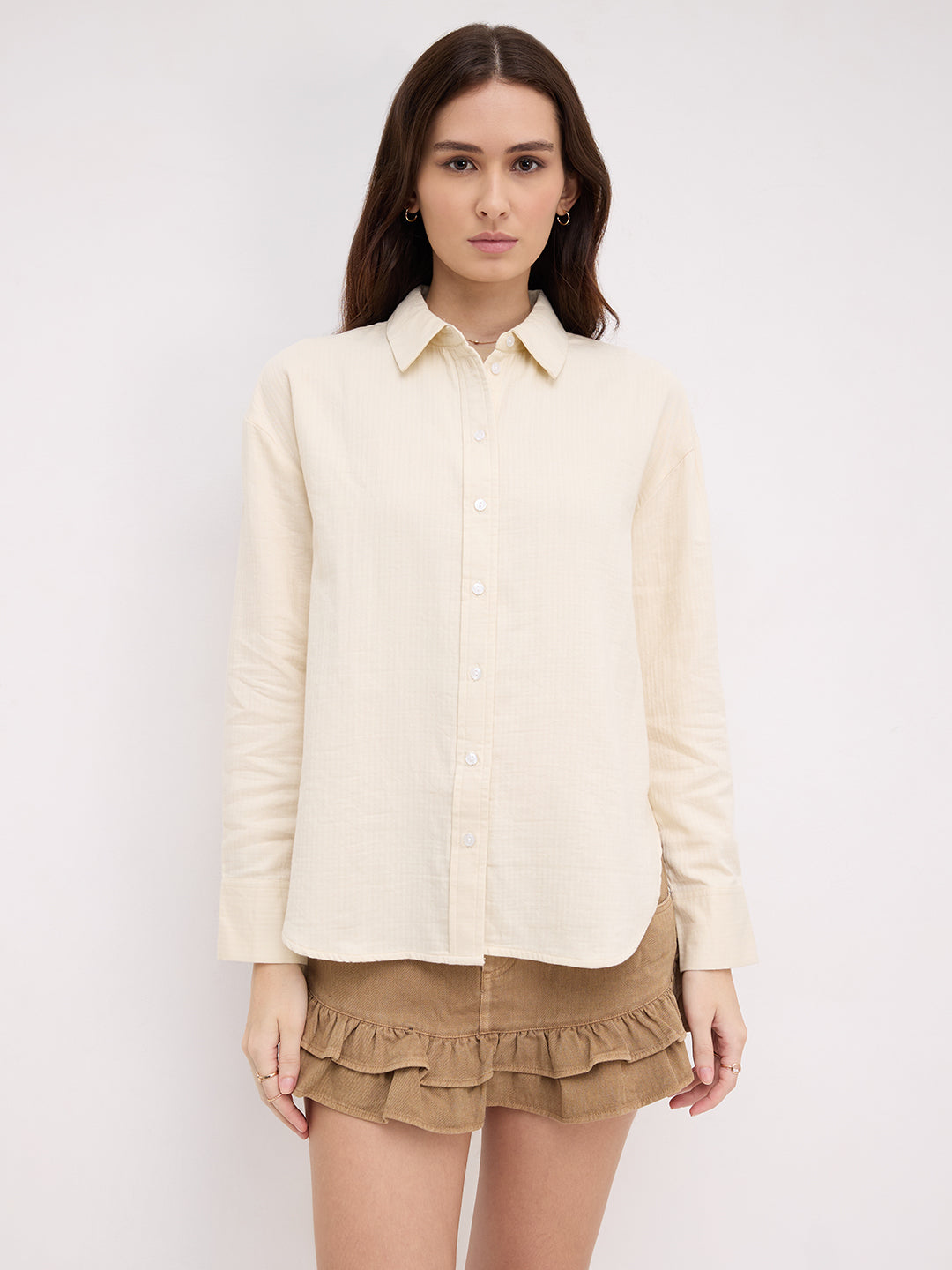 Pastel Beige Herringbone Textured Oversized Shirt