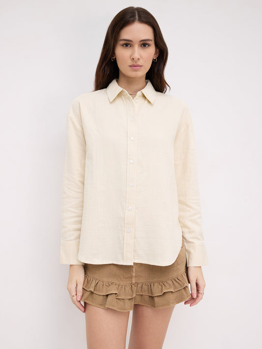 Pastel Beige Herringbone Textured Oversized Shirt
