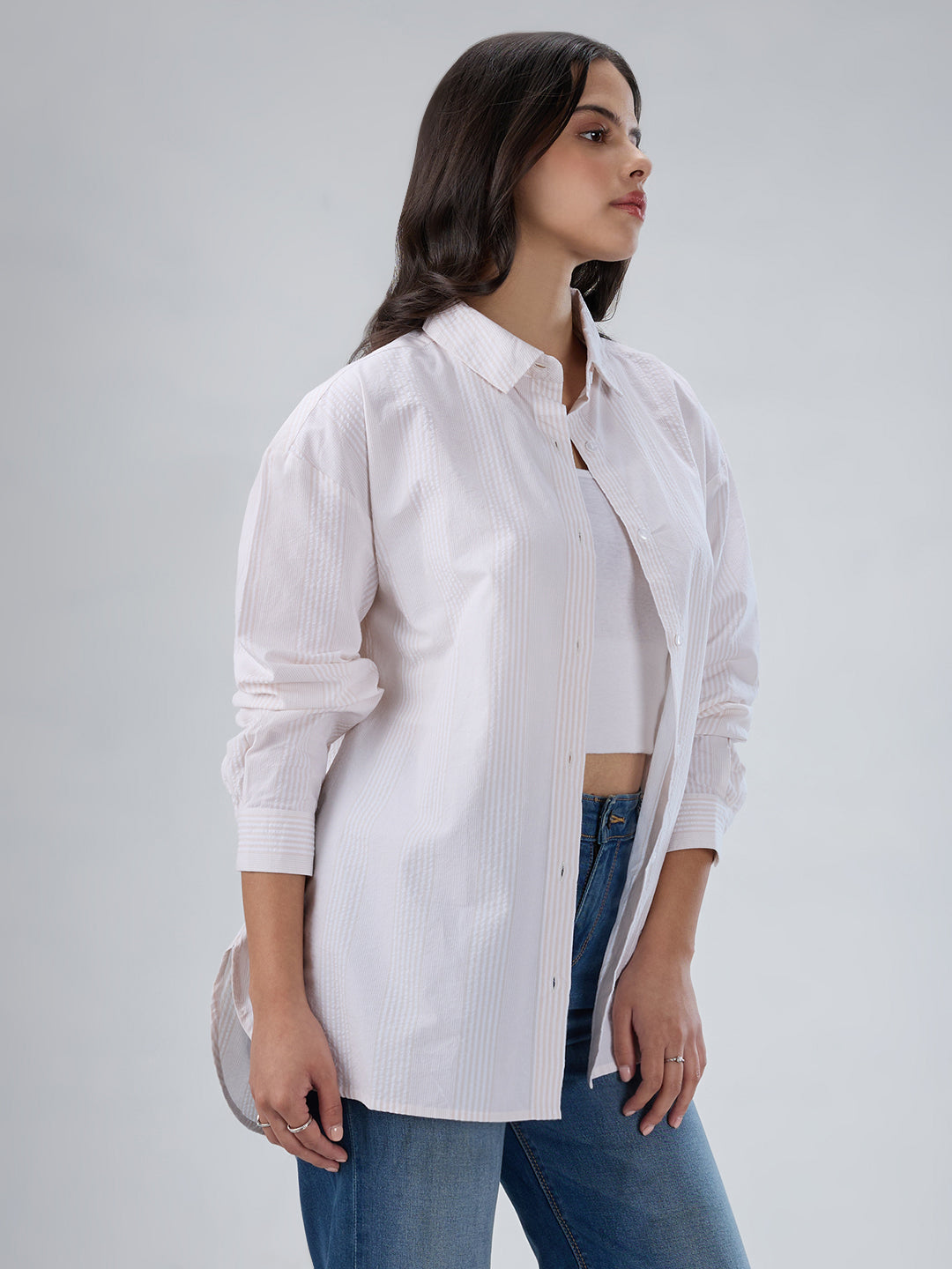 Beige & White Pin Striped Seersucker Oversized Shirt