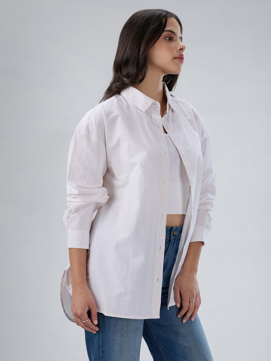 Beige & White Pin Striped Seersucker Oversized Shirt