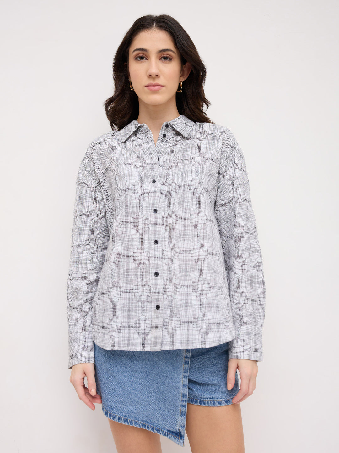 White & Black Gridlock Smokey Plaid Oversized Shirt