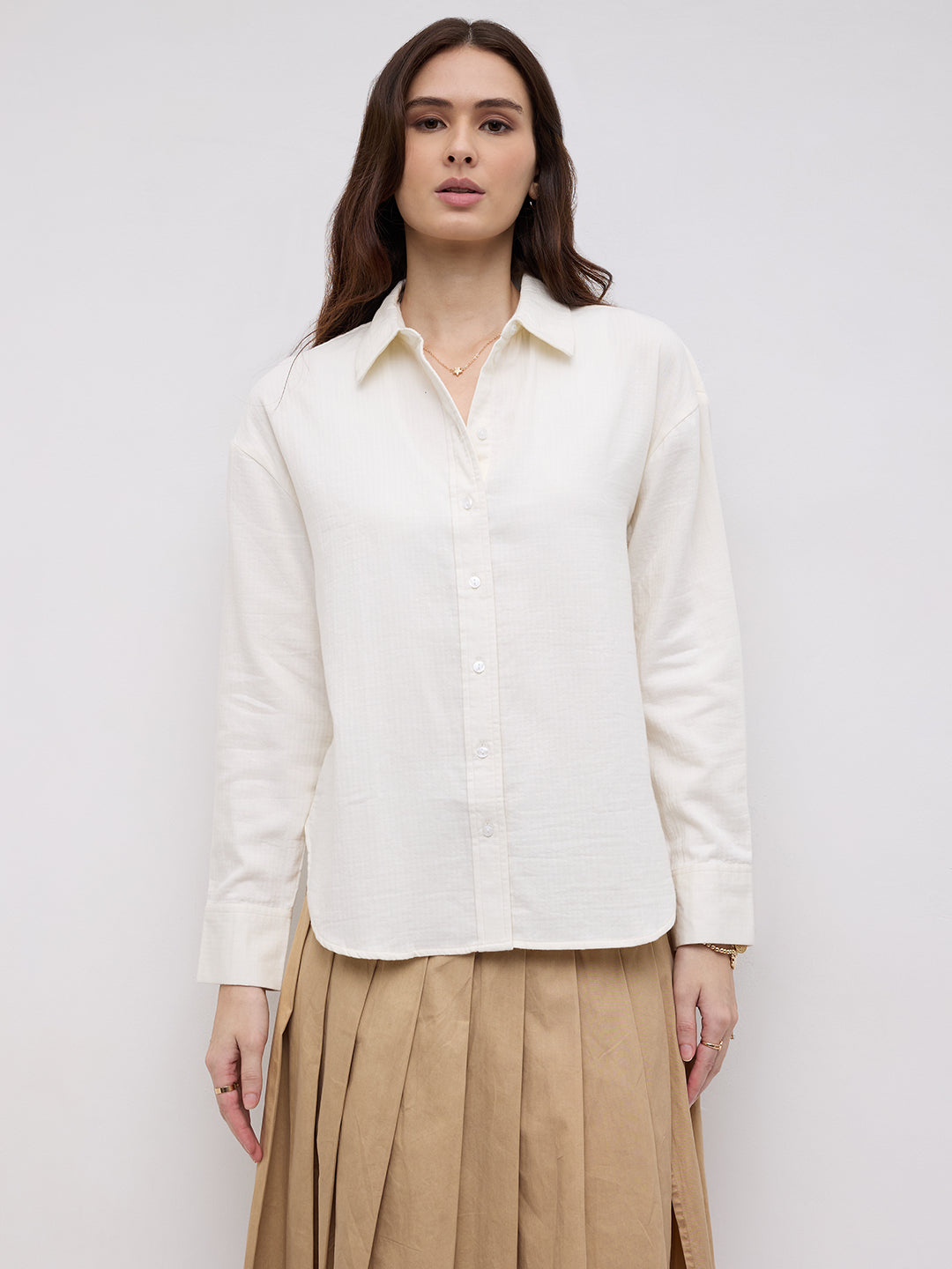 Pearl White Herringbone Textured Oversized Shirt