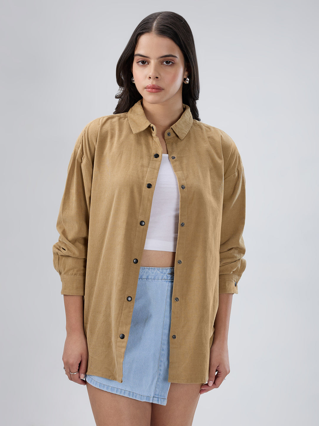 Solid Tan Beige Corduroy Oversized Shirt