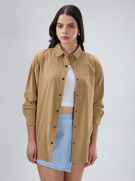 Solid Tan Beige Corduroy Oversized Shirt
