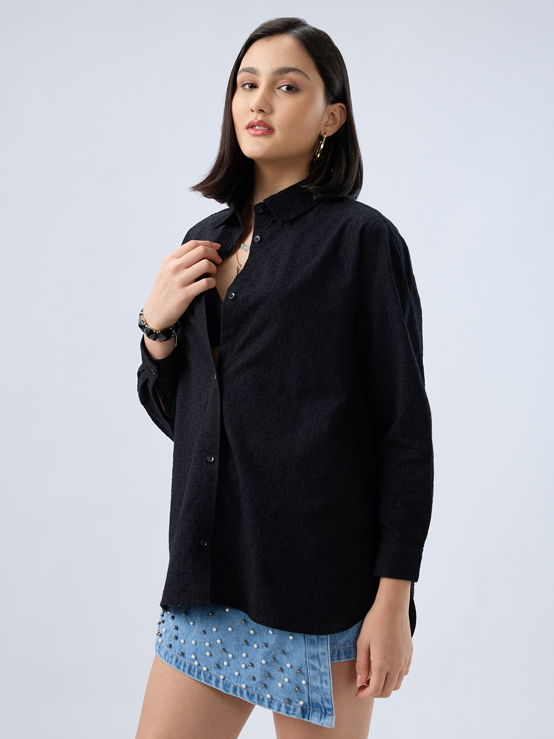 Deep Black Embroidered Oversized Shirt
