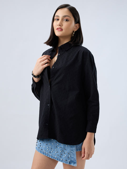 Deep Black Embroidered Oversized Shirt