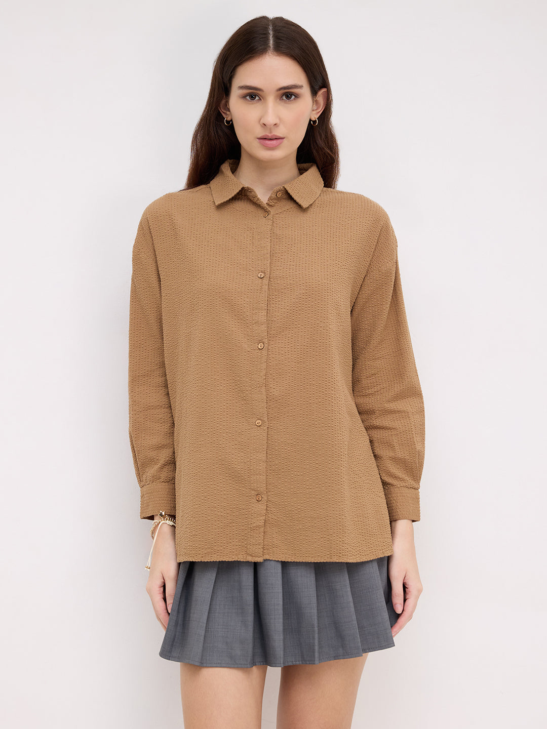 Tan Beige Seersucker Oversized Shirt