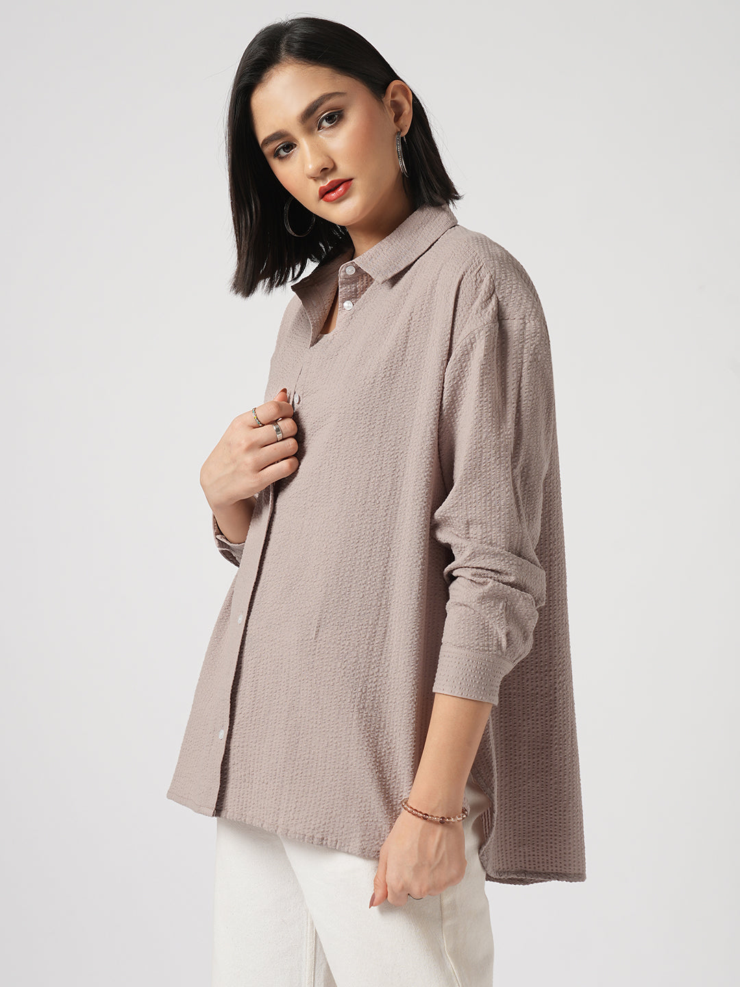 Light Taupe Brown Seersucker Oversized Shirt