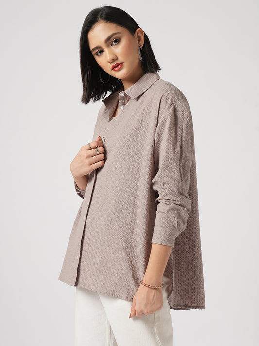 Light Taupe Brown Seersucker Oversized Shirt