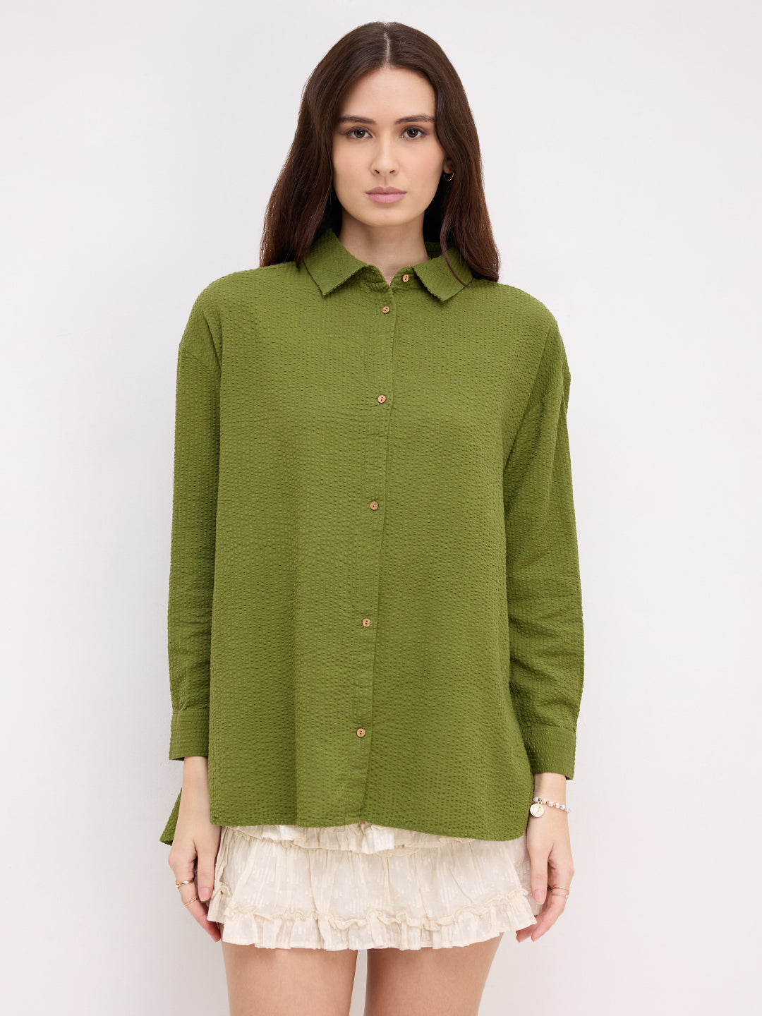 Olive Seersucker Oversized Shirt
