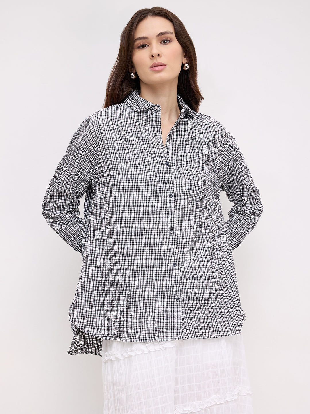 Black & White Tiny Checkered Seersucker Oversized Shirt