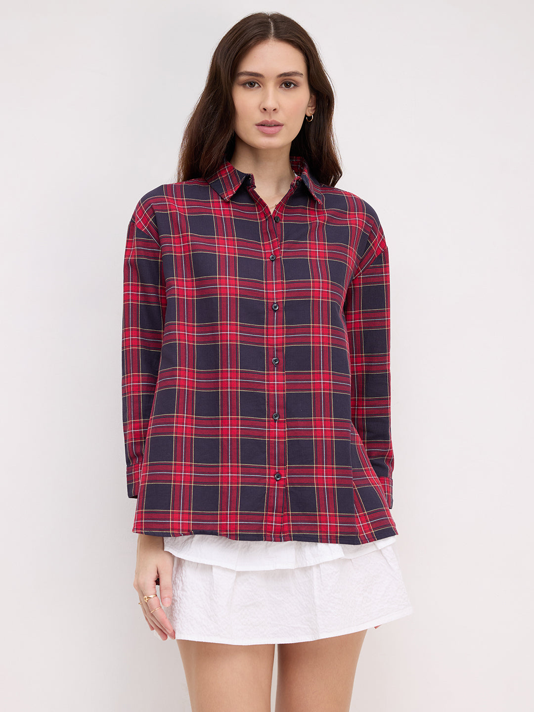 Red and Black Tartanique Checked Oversized Shirt