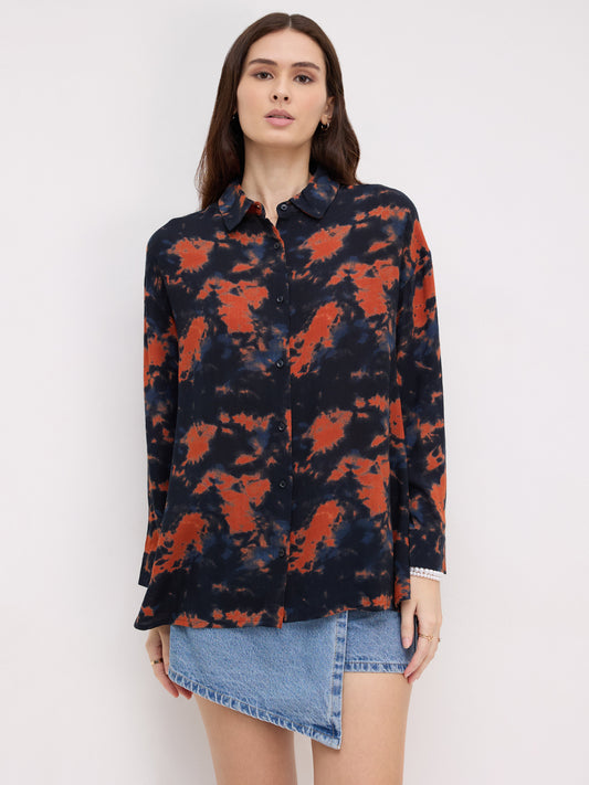 Black & Tangerine Tie- Dye Oversized Crepe Shirt