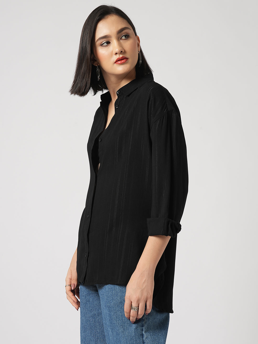 Black Glimmer Striped Oversized Shirt